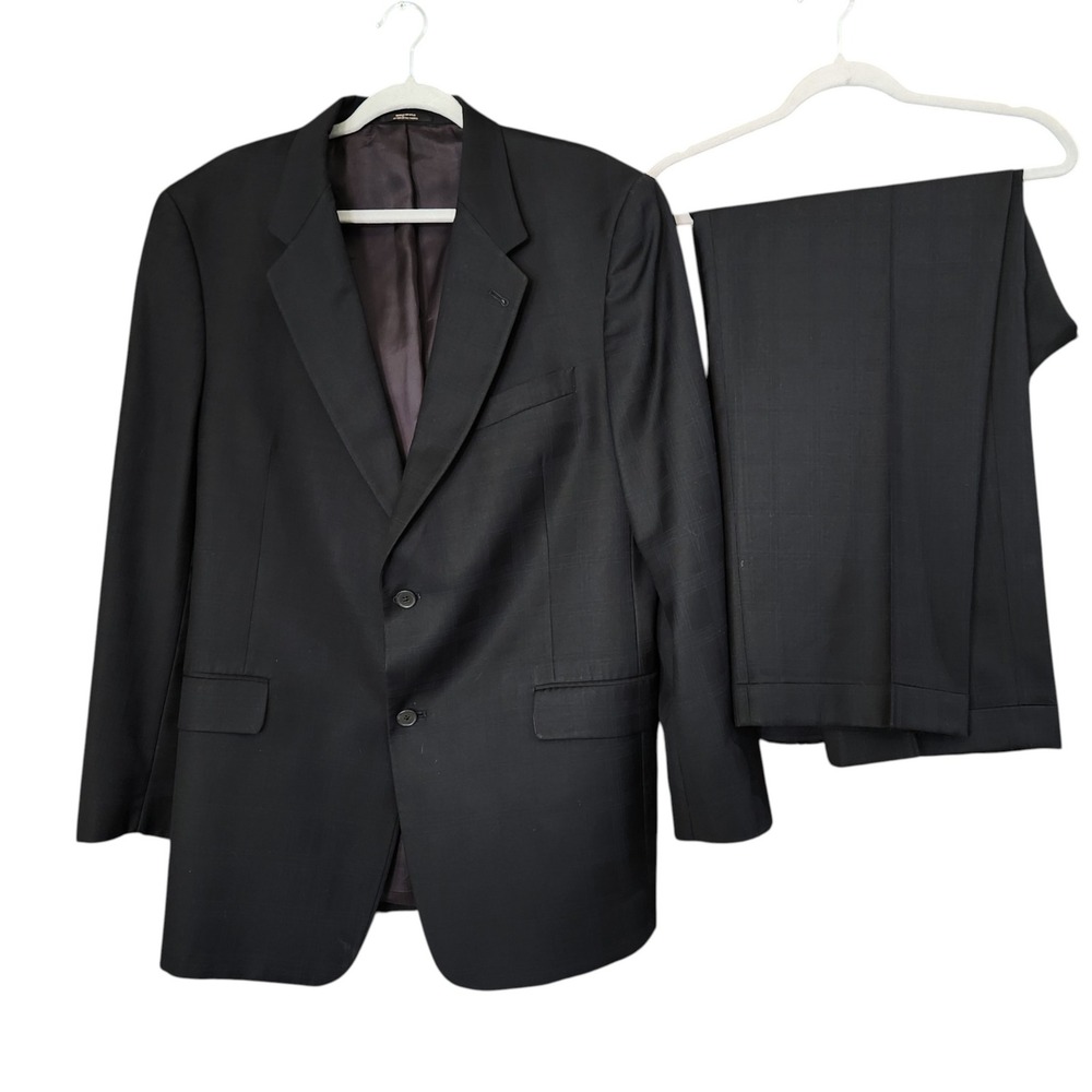Hart Schaffner Marx Dillard's Mens 44R Suit Black Tonal Plaid Pleated Cuffed